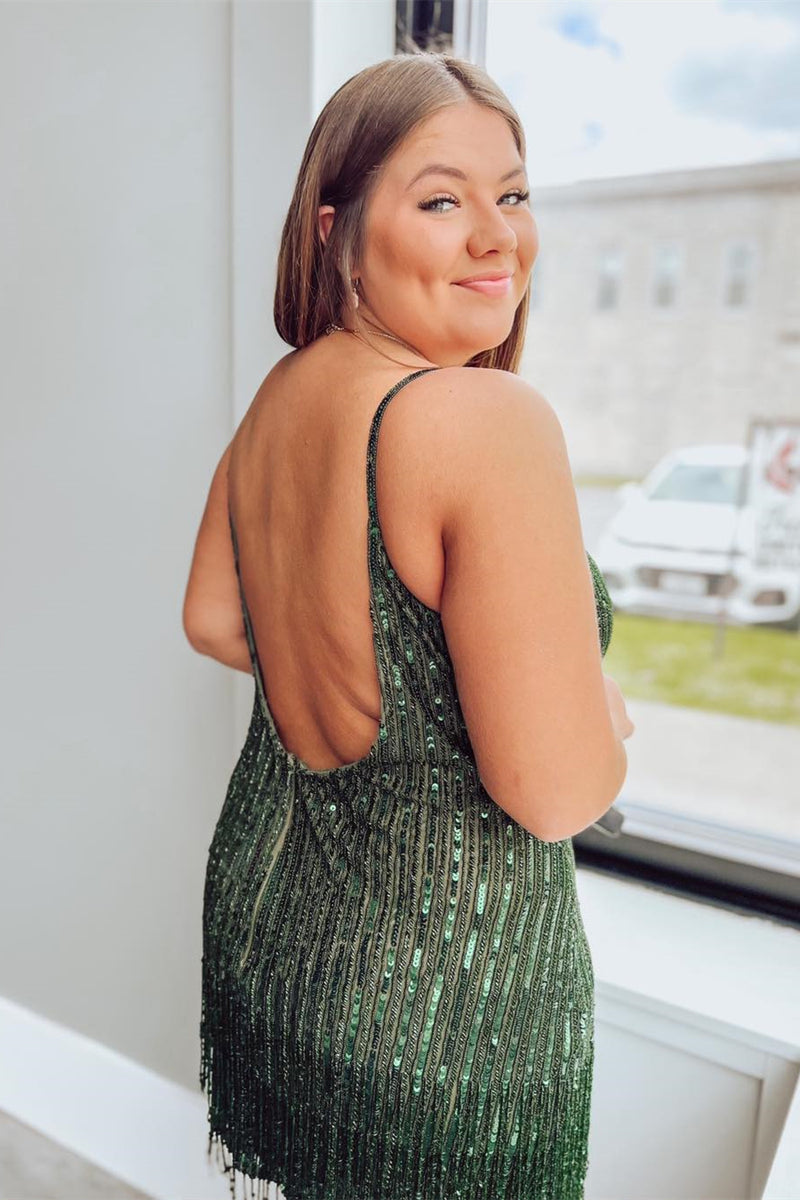 Dark Green Sequins Sheath Straps Homecoming Dress with Tassels