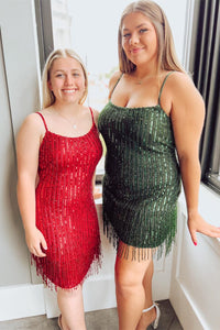 Red & Dark Green Sequins Sheath Straps Homecoming Dress with Tassels