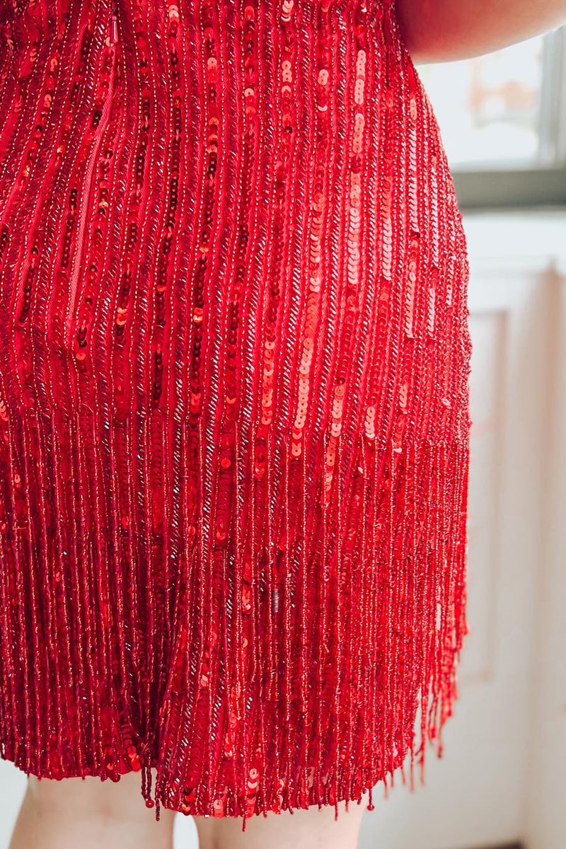 Red Sequins Sheath Straps Homecoming Dress with Tassels