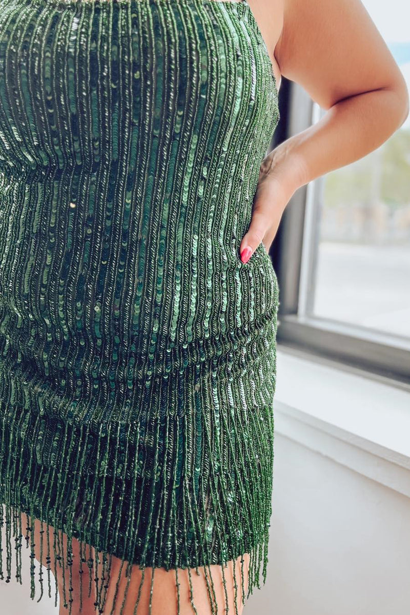 Dark Green Sequins Sheath Straps Homecoming Dress with Tassels