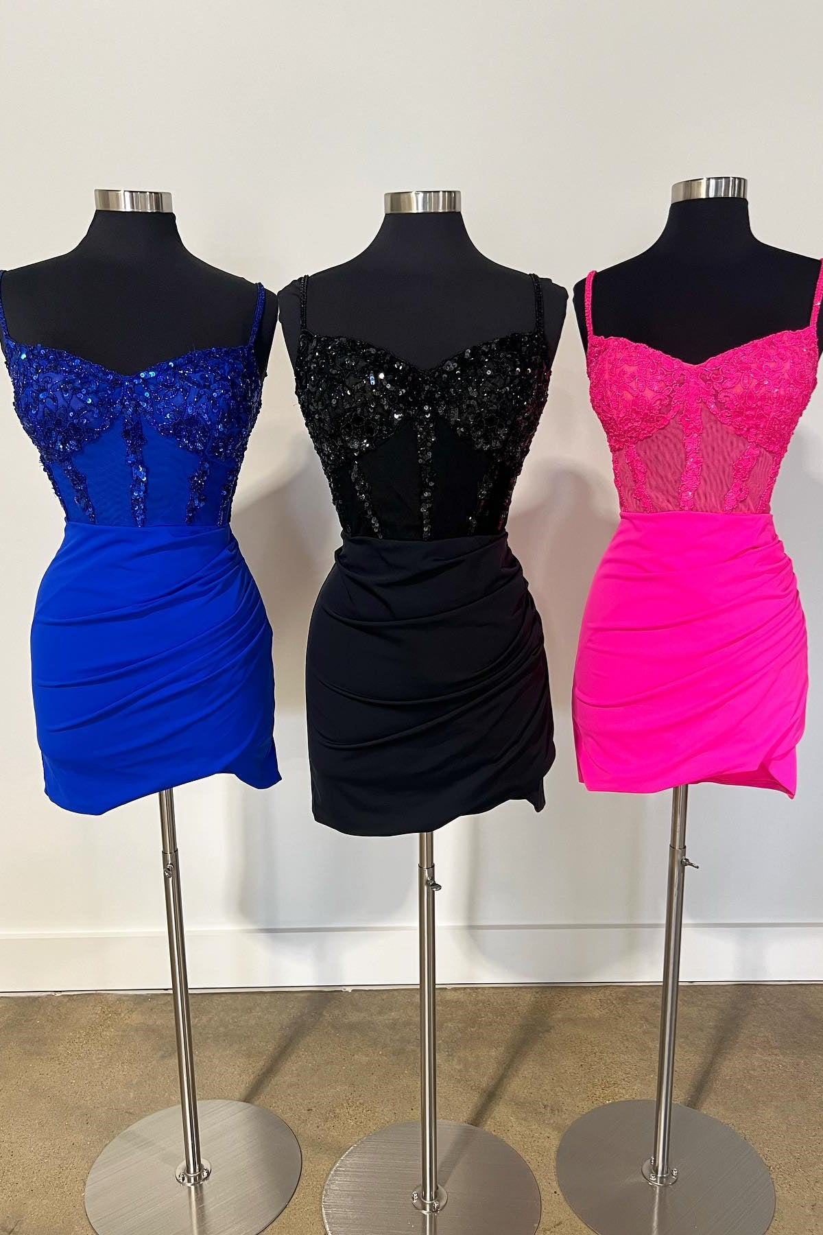 Royal Blue & Black & Hot Pink Straps Beaded Sheath Satin Homecoming Dress