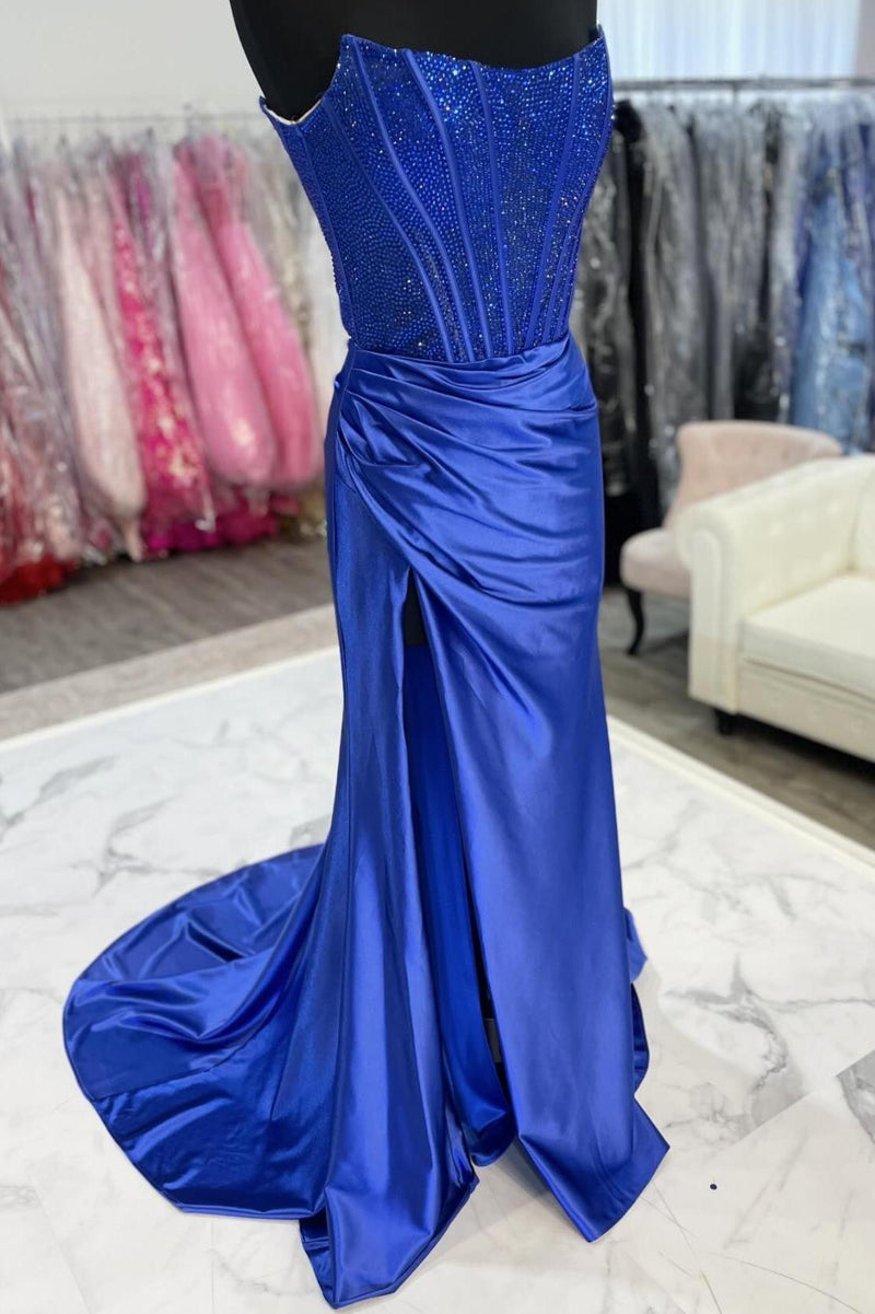 Beaded Royal Blue Ruched Mermaid Formal Dress