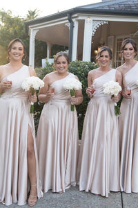 Light Pink One Shoulder  A-line Satin Long Bridesmaid Dress with Slit