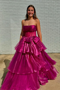 Strapless Fuchsia Corset A-line Long Formal Gown