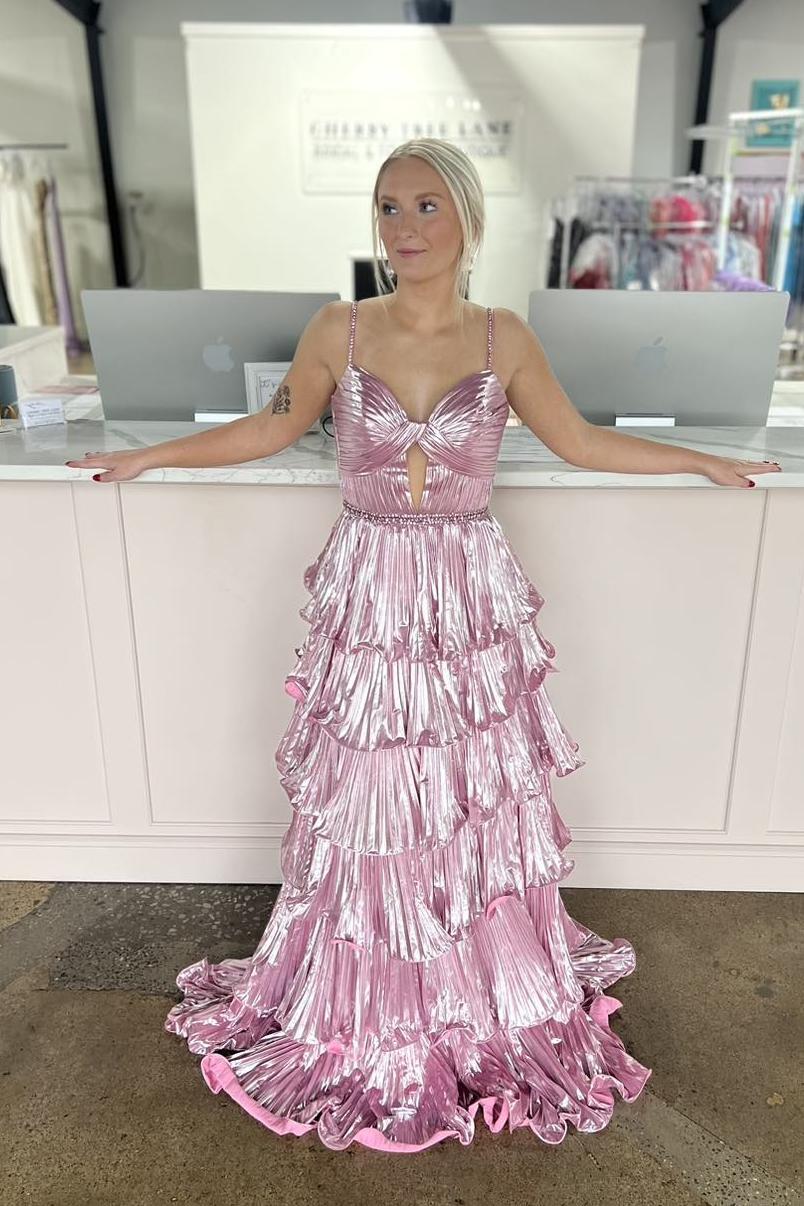 Straps Fuchsia Metallic Pleated A-line Ruffle Long Formal Dress