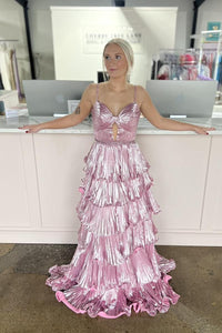 Straps Fuchsia Metallic Pleated A-line Ruffle Long Formal Dress