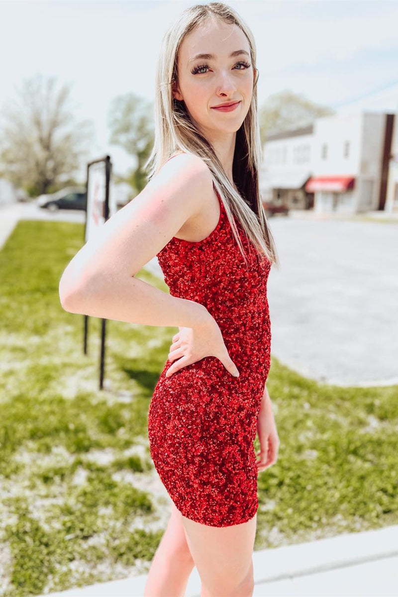 Red Sequins Cut-Out Straps Sheath Homecoming Dress