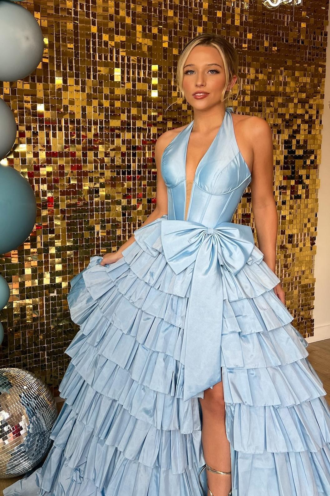 Halter Sage Green Satin Ruffle Long Formal Dress