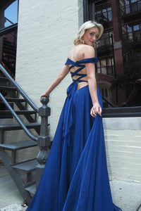 Off the Shoulder Navy Blue Chiffon A-line Long Formal Dress