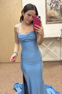 Light Blue Spaghetti Strap Mermaid Prom Dress with Slit