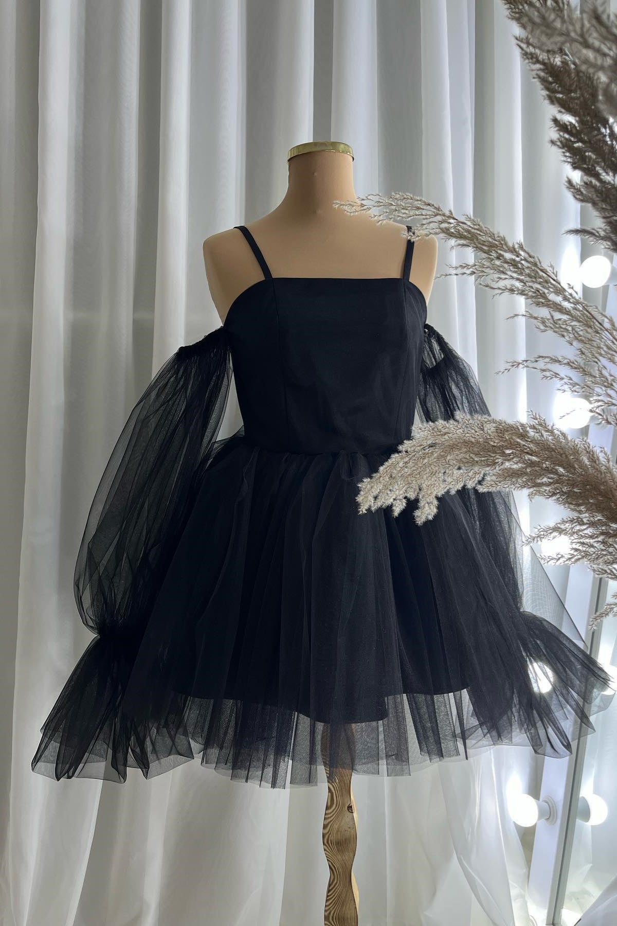 Black Cold Shoulder Straps Puff Long Sleeves Homecoming Dress