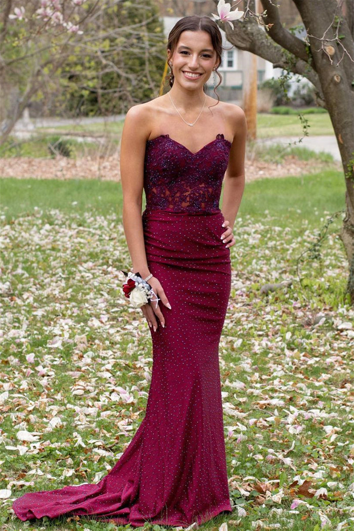 Burgundy Mermaid Strapless Beaded Appliques Lace-Up Long Prom Dress