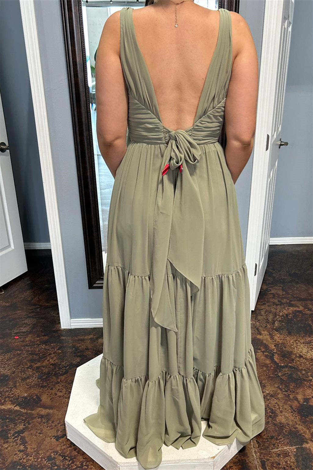 Dusty Sage Deep V Neck Twist Knot Ruffles Chiffon Long Bridesmaid Dress