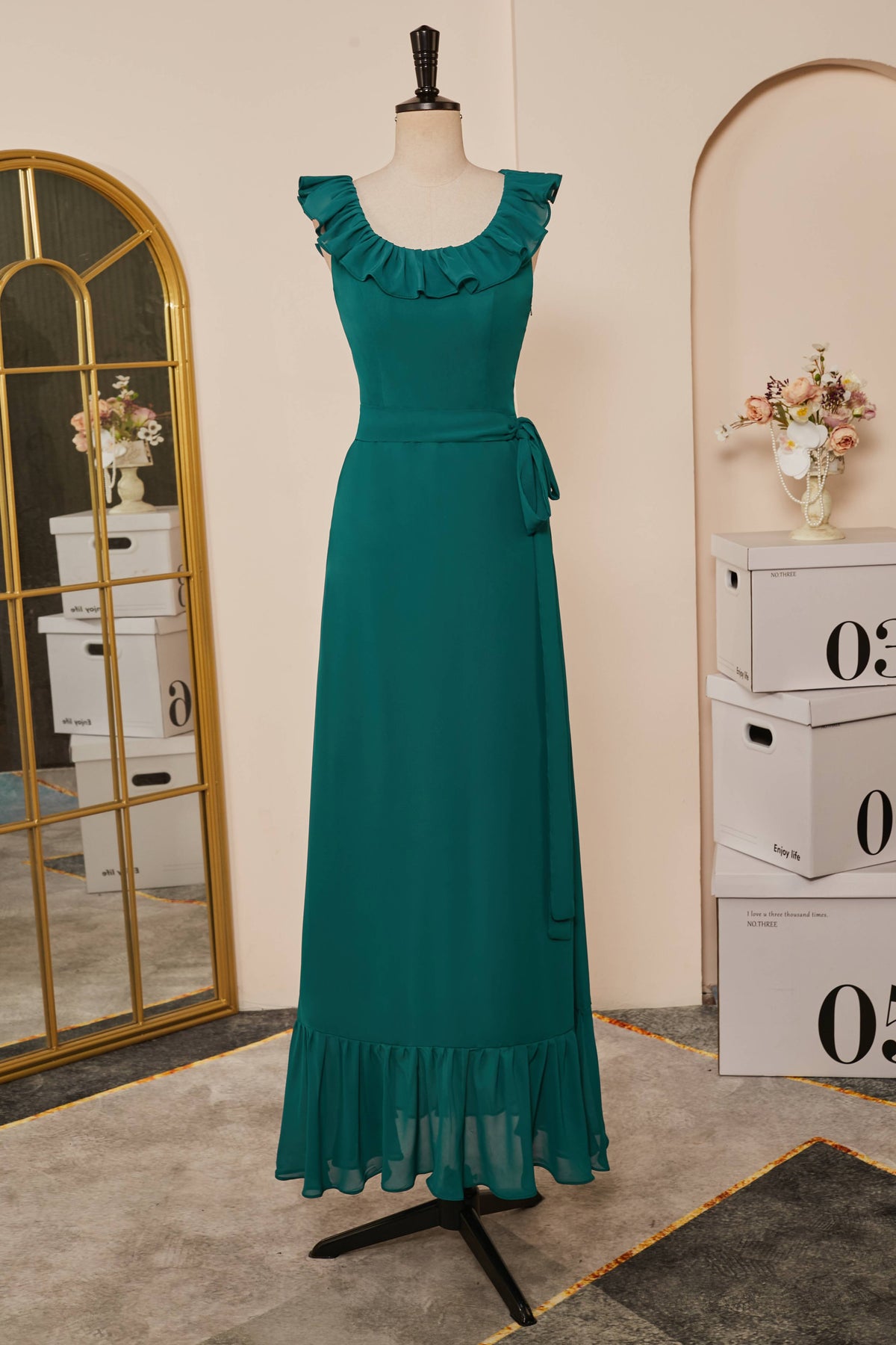 Teal Ruffled Neck A-line Long Bridesmaid Dress with Sash