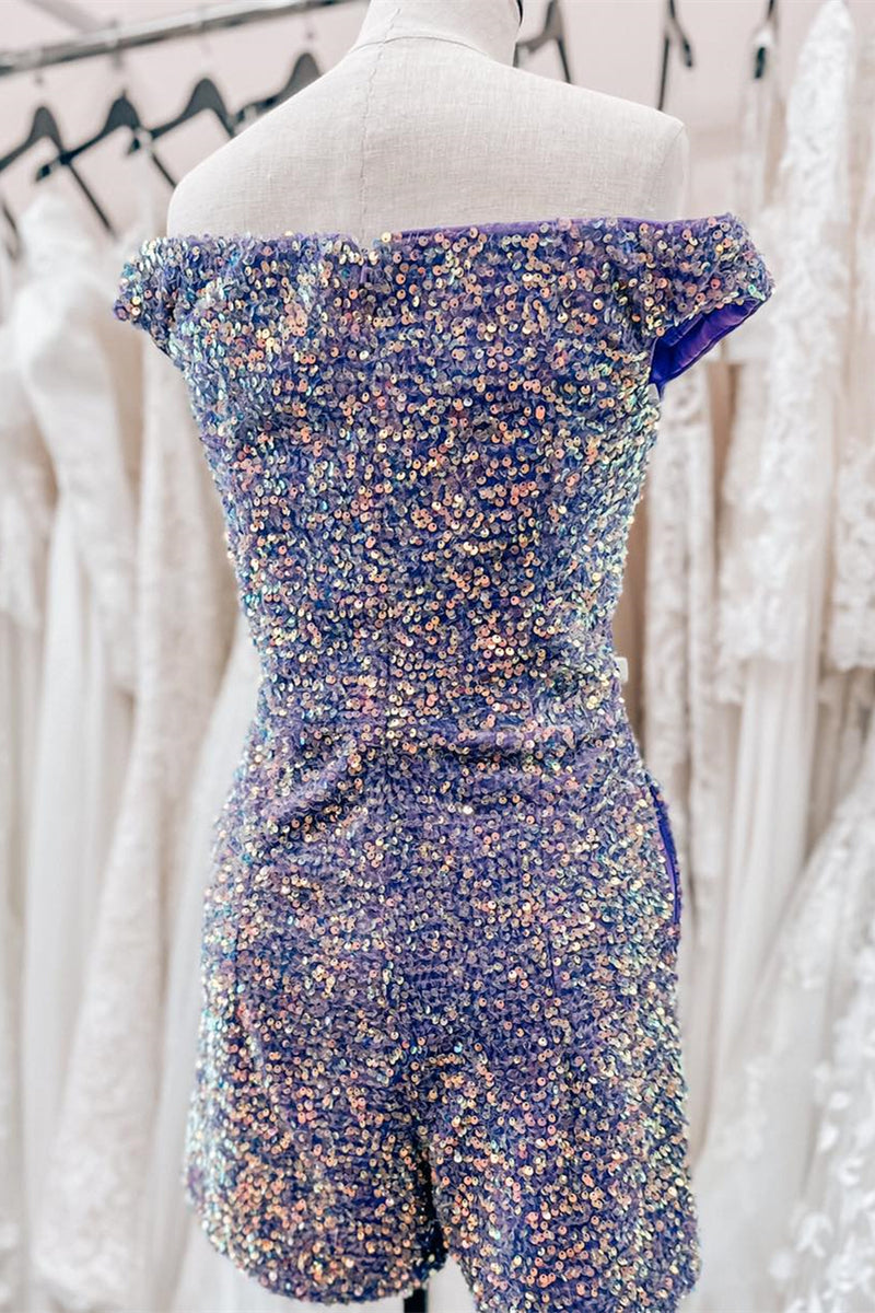 Lavender Off-the-Shoulder Sequins Sheath Homecoming Romper