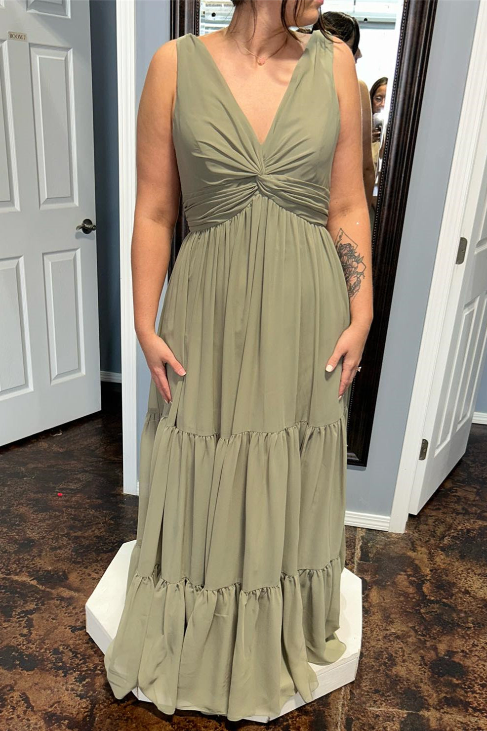 Dusty Sage Deep V Neck Twist Knot Ruffles Chiffon Long Bridesmaid Dress