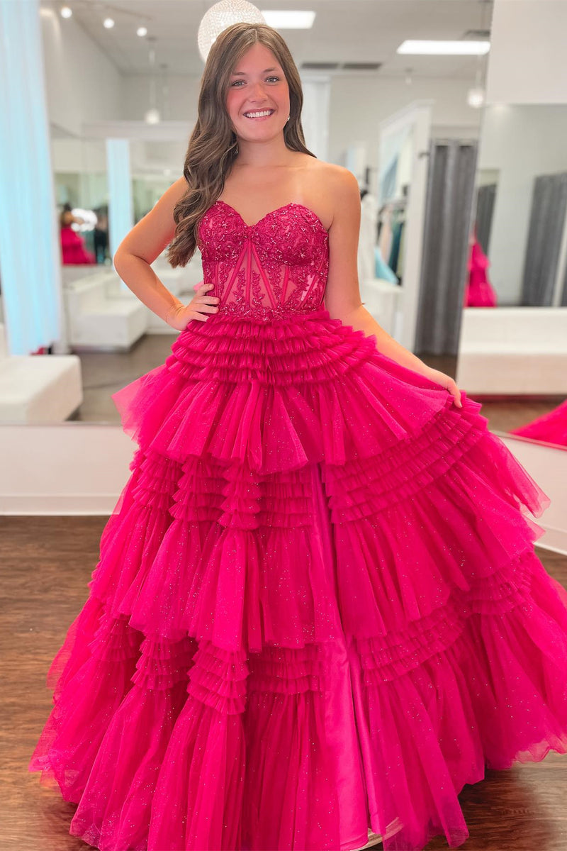 Fuchsia Multi-Layers Strapless Appliques A-line Tulle Long Prom Dress