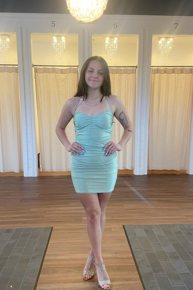 Mint Green Satin Sheath Lace-Up Homecoming Dress