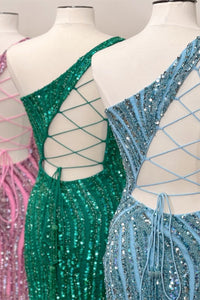 Pink & Green & Blue Sheath Sequins One Shoulder Lace-Up Homecoming Dress
