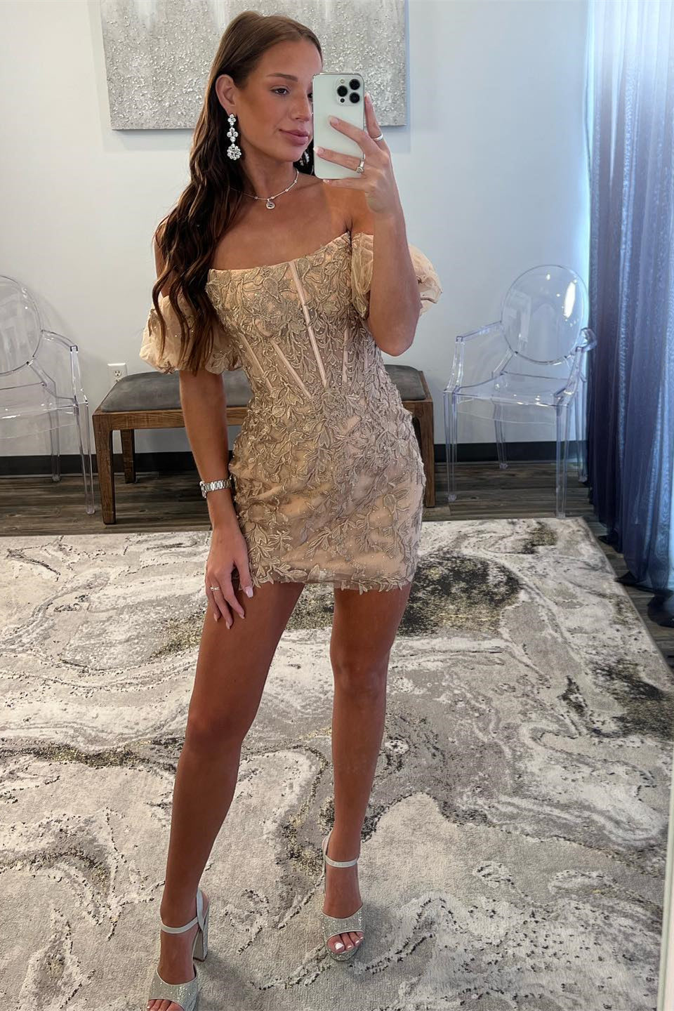 Gold Strapless Appliques Sheath Homecoming Dress with Detachable Sleeves