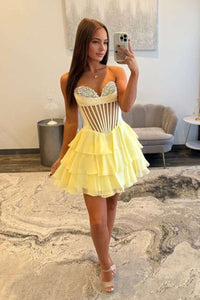 Yellow Beaded Sheer Corset Short Ruffle Dress