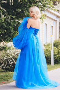 Blue Beaded Illusion Sleeves Tulle Long Prom Dress with Slit