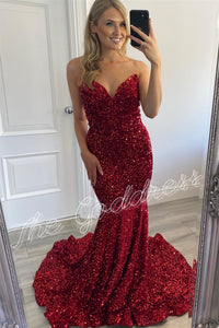 Red Strapless Lace-Up Mermaid Sequins Long Prom Dress