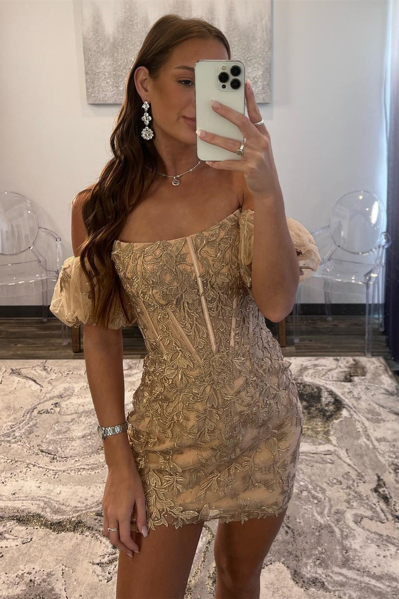 Gold Strapless Appliques Sheath Homecoming Dress with Detachable Sleeves