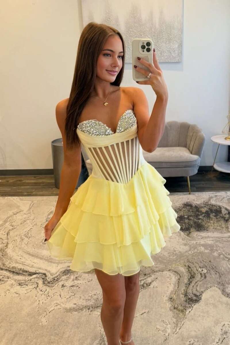 Yellow Beaded Sheer Corset Short Ruffle Dress