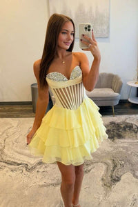 Yellow Beaded Sheer Corset Short Ruffle Dress