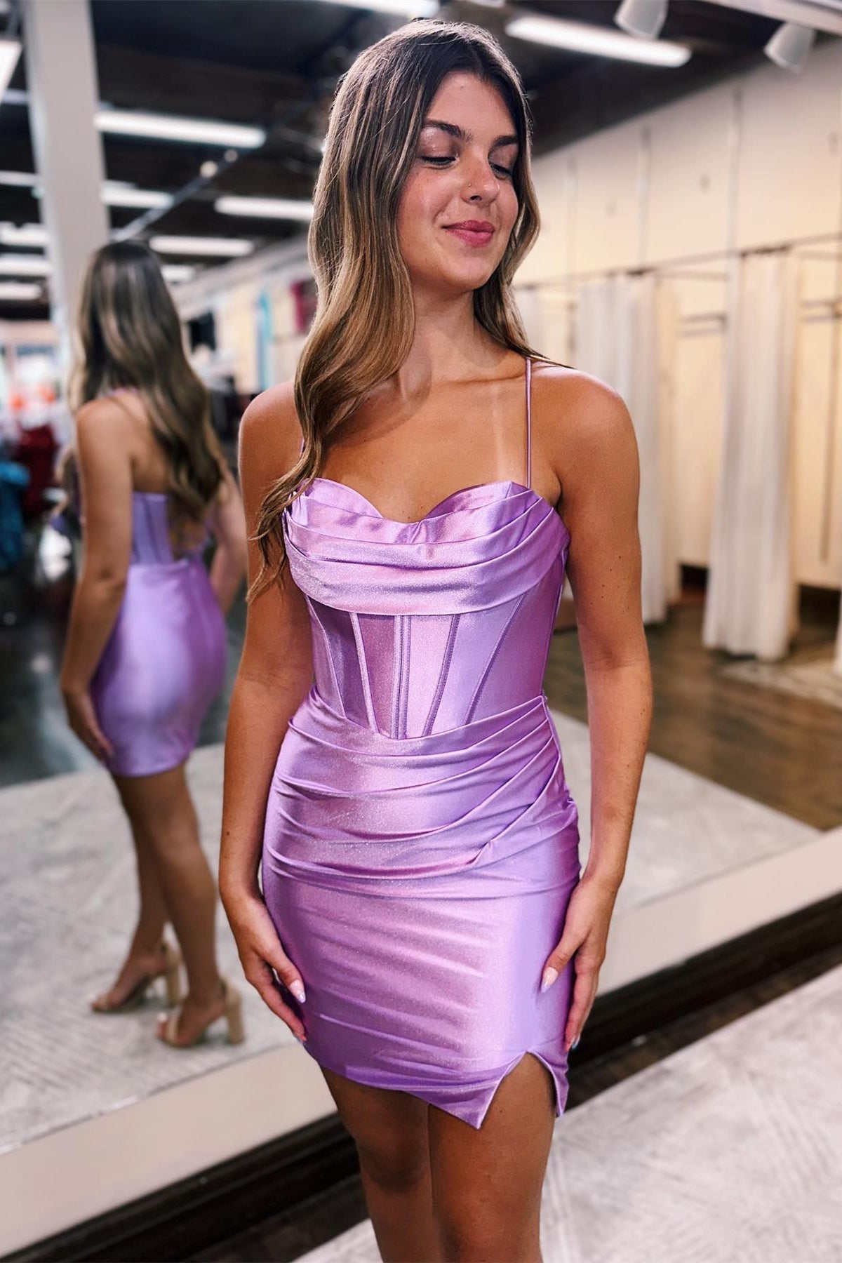 Lavender Satin Lace-Up Sheath Homecoming Dress