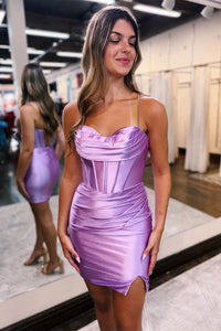 Lavender Satin Lace-Up Sheath Homecoming Dress