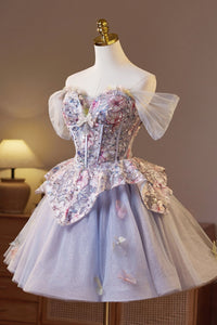 Off the Shoulder Purple Embroidery Tulle Homecoming Dress