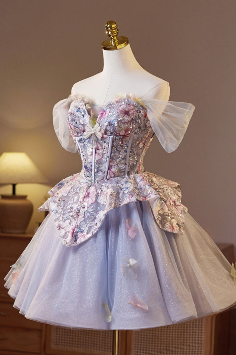 Off the Shoulder Purple Embroidery Tulle Homecoming Dress