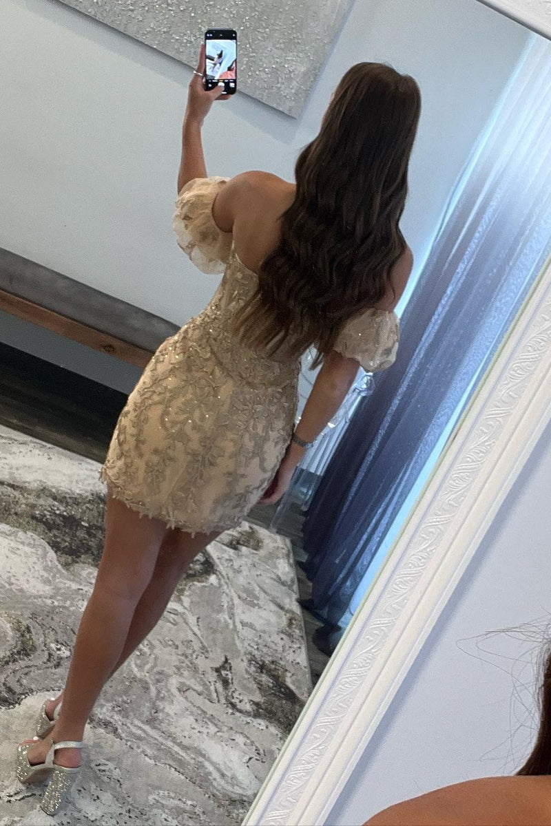 Gold Strapless Appliques Sheath Homecoming Dress with Detachable Sleeves