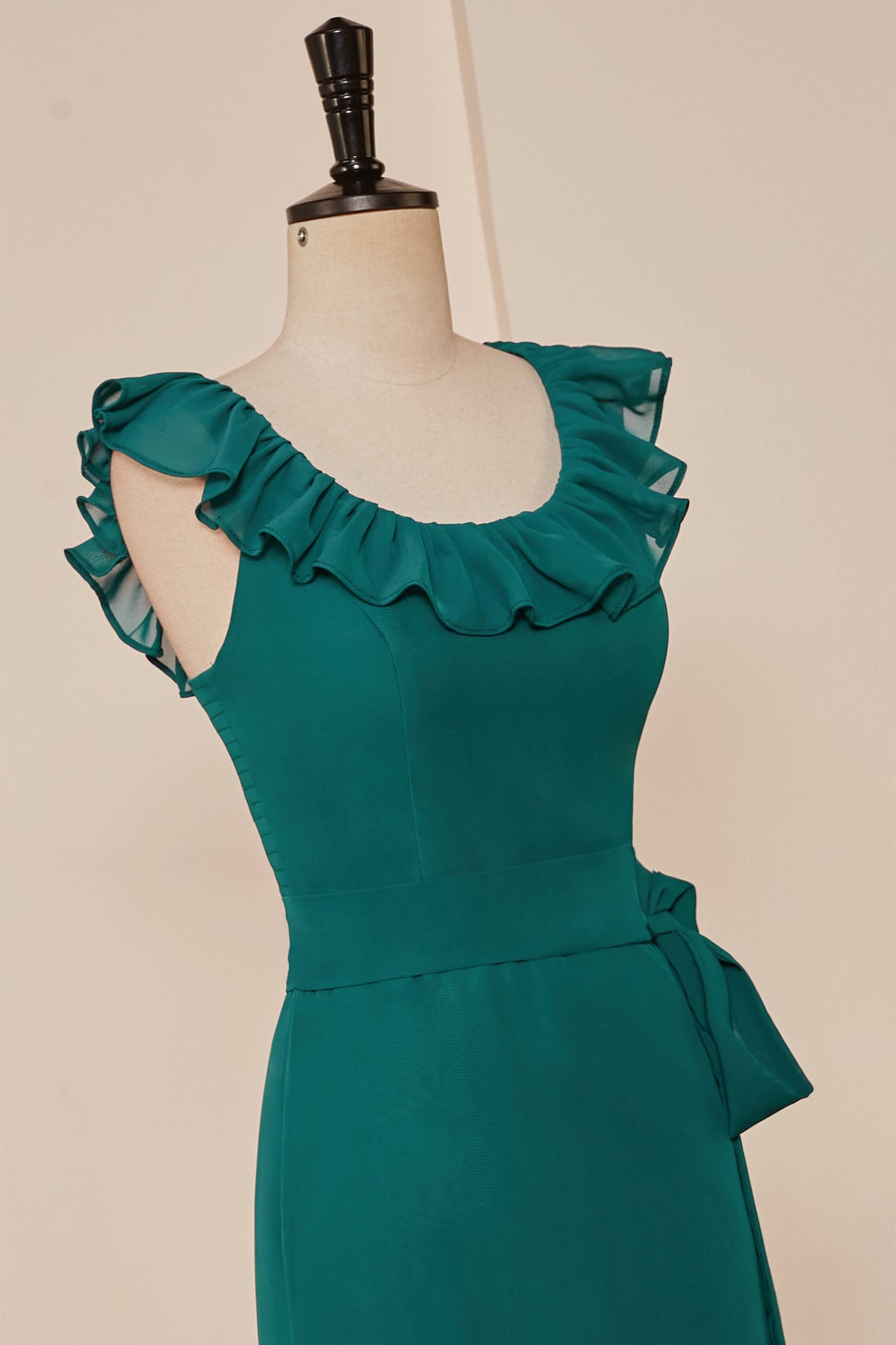 Teal Ruffled Neck A-line Long Bridesmaid Dress with Sash