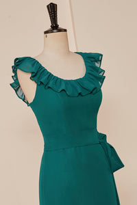 Teal Ruffled Neck A-line Long Bridesmaid Dress with Sash