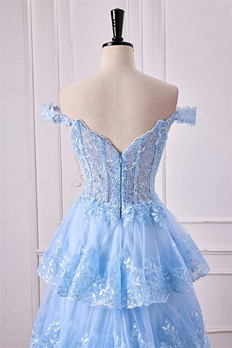 Light Blue Off-Shoulder Floral Sequined Layers Long Prom Dress with Slit
