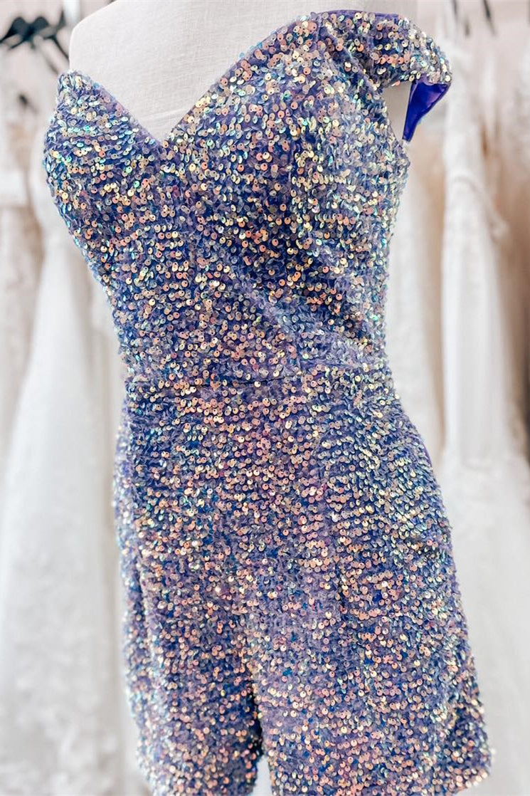 Lavender Off-the-Shoulder Sequins Sheath Homecoming Romper