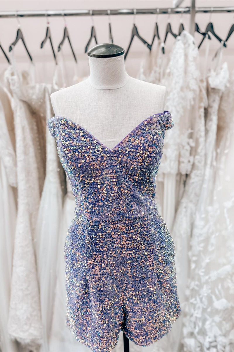 Lavender Off-the-Shoulder Sequins Sheath Homecoming Romper