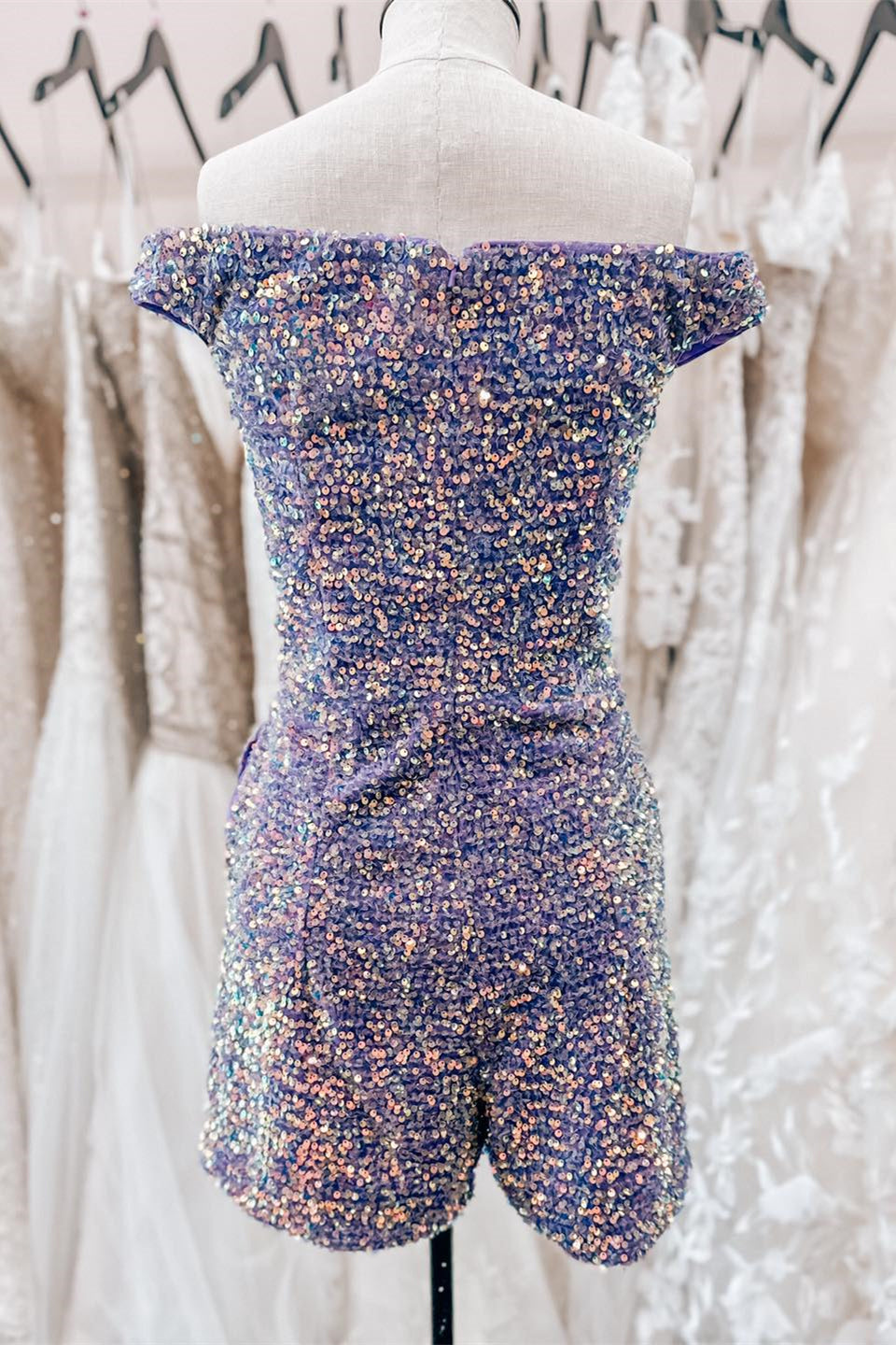 Lavender Off-the-Shoulder Sequins Sheath Homecoming Romper