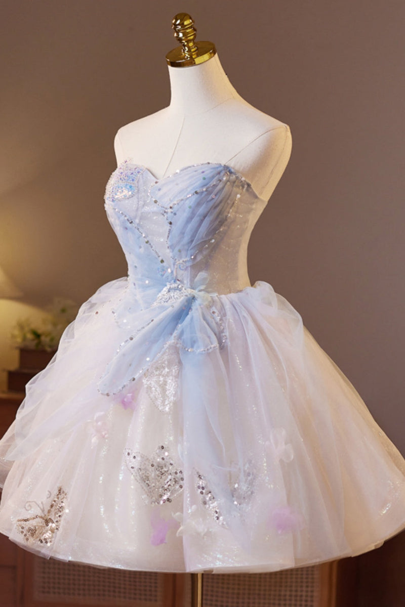 Strapless Blue Butterfly Patttern Short A-line Dress