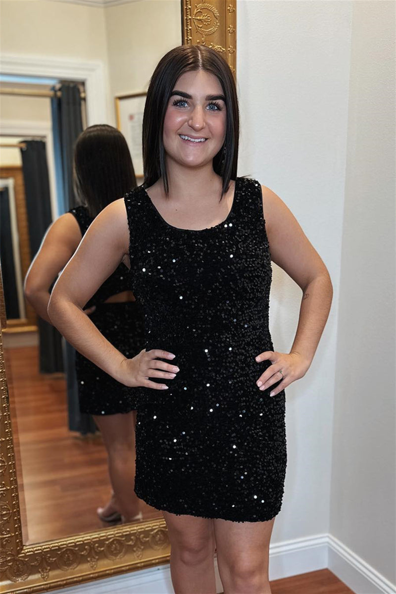 Black Sequins Cut-Out Jewel Homecoming Dress