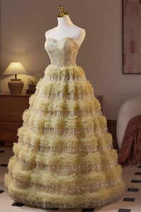 Golden Sweetheart Sequin Ruffle A-line Prom Gown