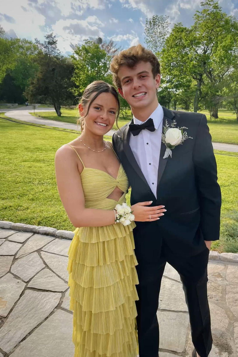 Spaghetti Straps Yellow Keyhole Tiered Ruffle Long Formal Dress