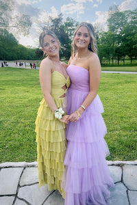 Spaghetti Straps Yellow Keyhole Tiered Ruffle Long Formal Dress