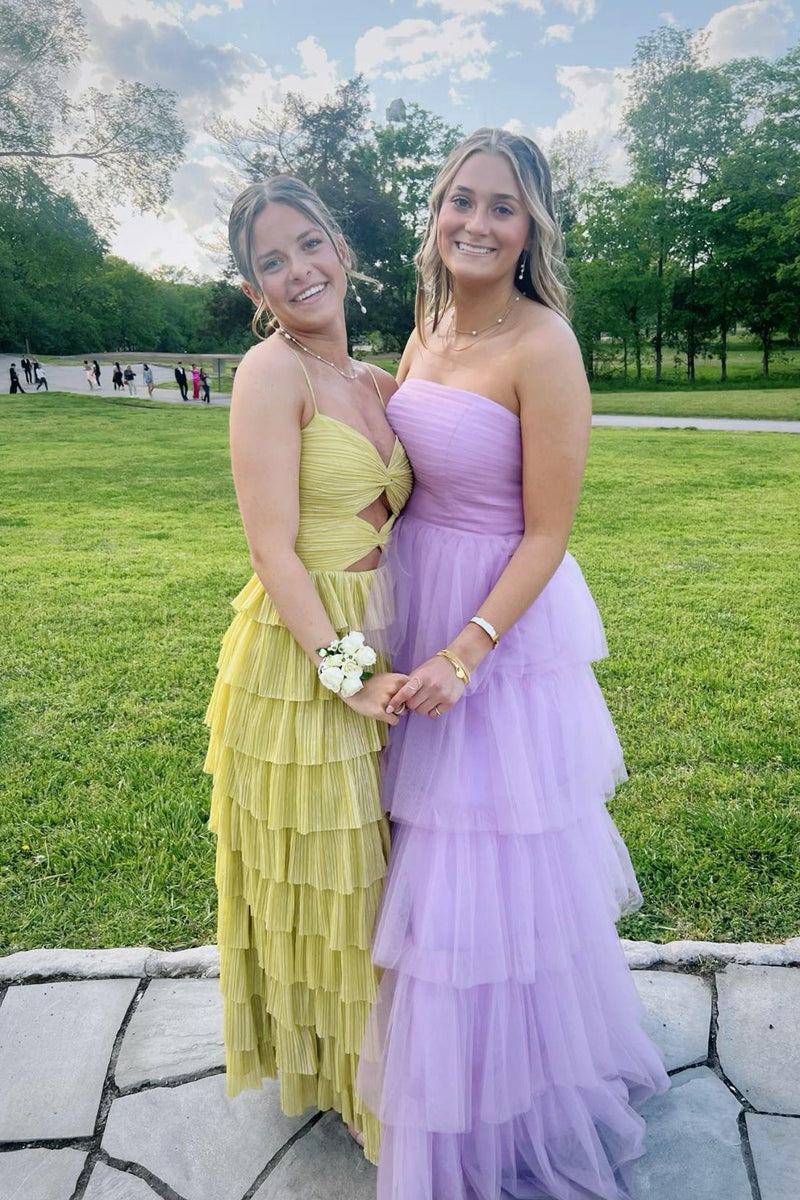 Spaghetti Straps Yellow Keyhole Tiered Ruffle Long Formal Dress