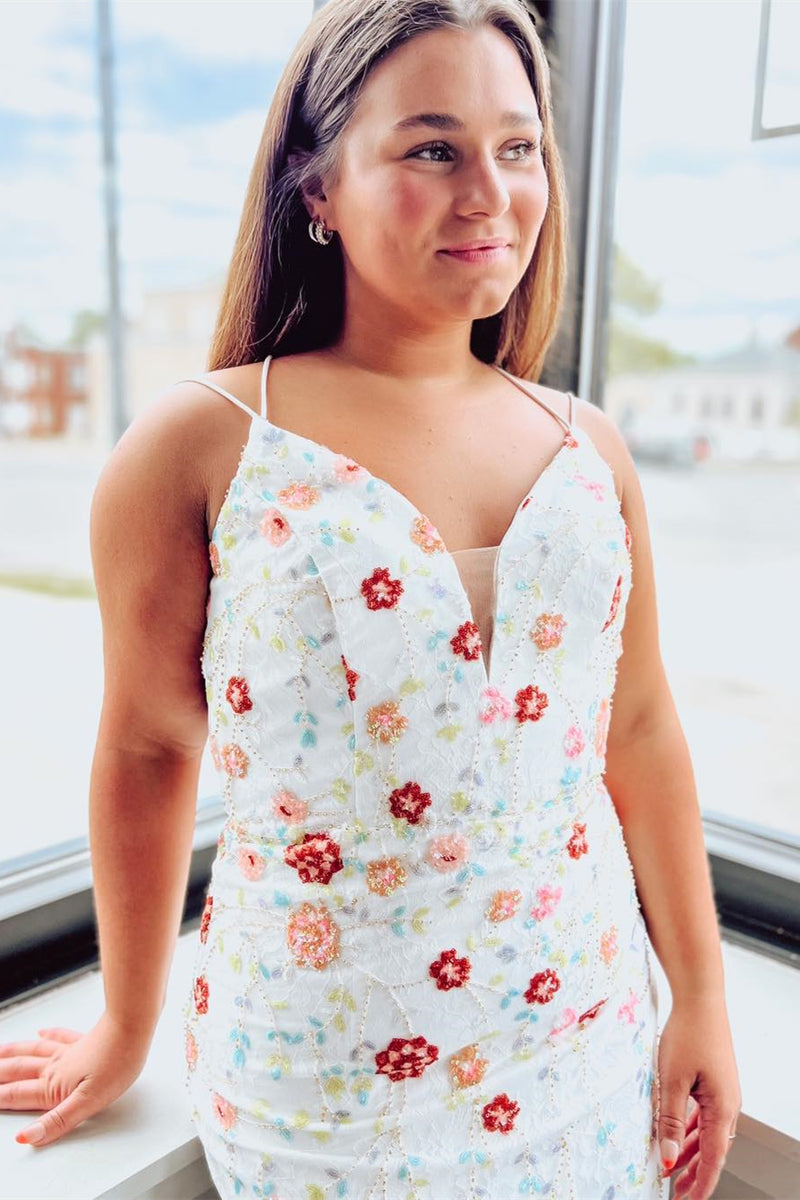 White Flower Embroideries Lace-Up Sheath Homecoming Dress