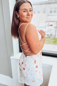 White Flower Embroideries Lace-Up Sheath Homecoming Dress