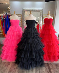 Fuchsia Strapless Ruffle Layers Pleated Long Prom Dress